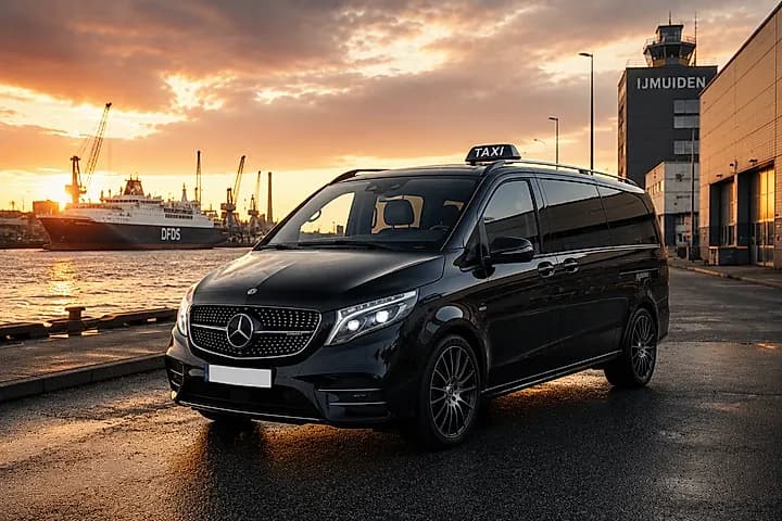 Zwarte Mercedes V-Class taxibus met daklicht aan de kade in IJmuiden, met de veerboot en havenkranen bij zonsondergang, geschikt voor groepen tot acht personen