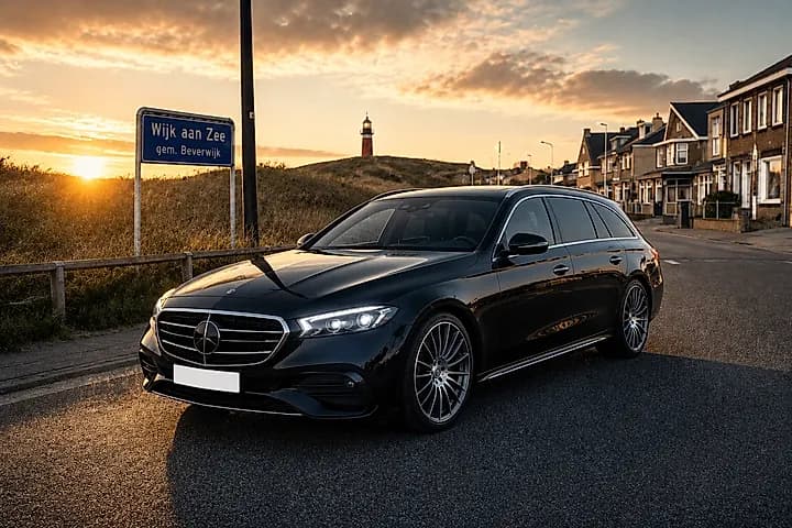 Zwarte Mercedes E-Klasse stationwagen bij het plaatsnaambord van Wijk aan Zee, gemeente Beverwijk, met de vuurtoren bij zonsondergang